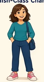 Amber, a comic-style teacher character